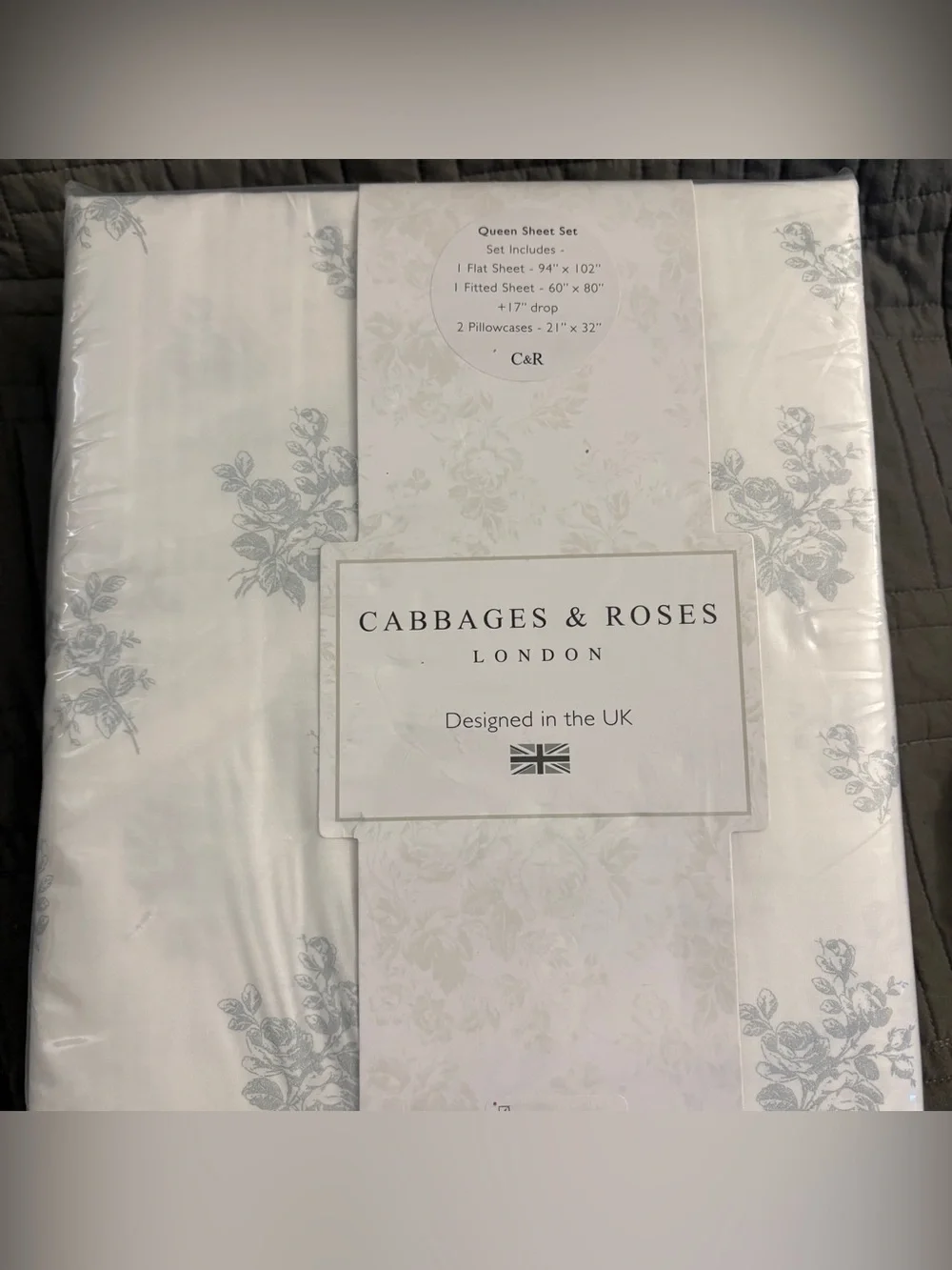 Cabbages & Roses LONDON Ditsy Floral - Mineral 4-Piece Queen Sheet Set NEW